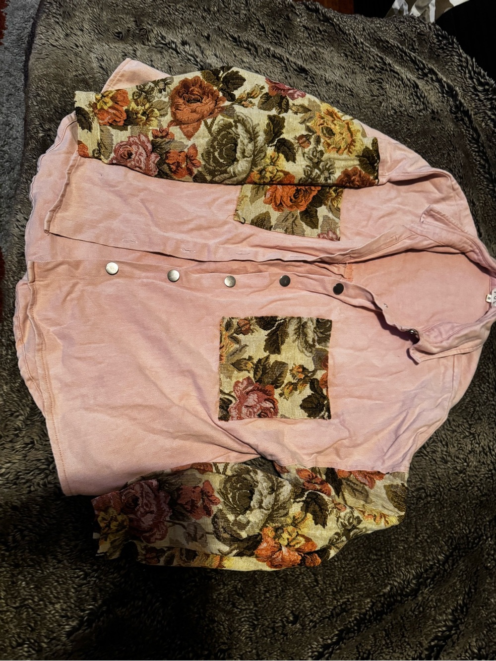 POL Pink Button-Front Top with Floral Accent Sleeves